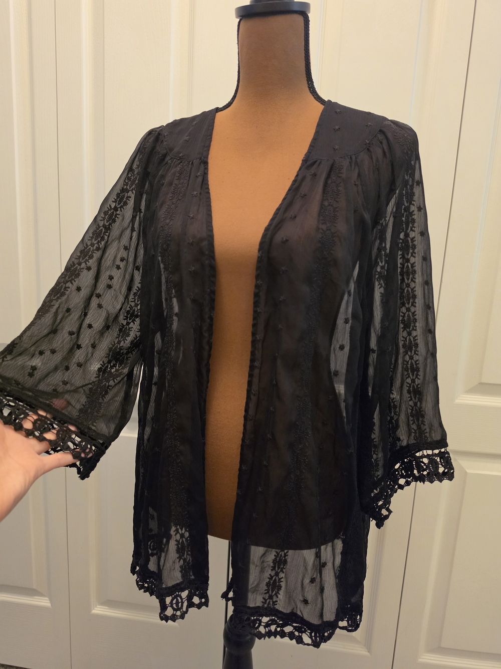 Black Embroidered Sheer Lace Kimono Cardigan Open Front Whimsigoth Boho Top L